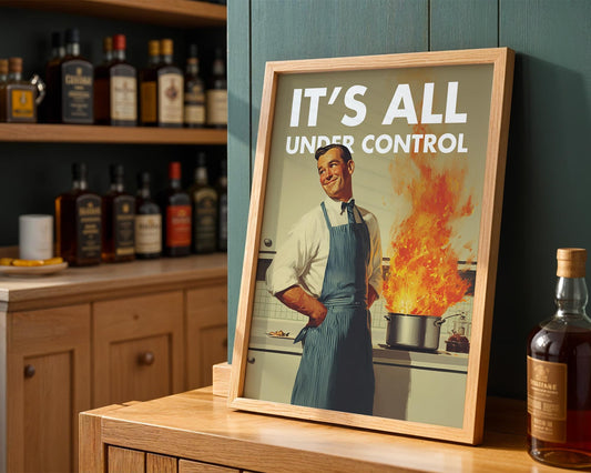 Retro Kitchen Print, Funny 50s Poster, Vintage Cooking Art, Humorous Kitchen Decor, Retro Wall Art Gift Ideas, “Under Control” Print