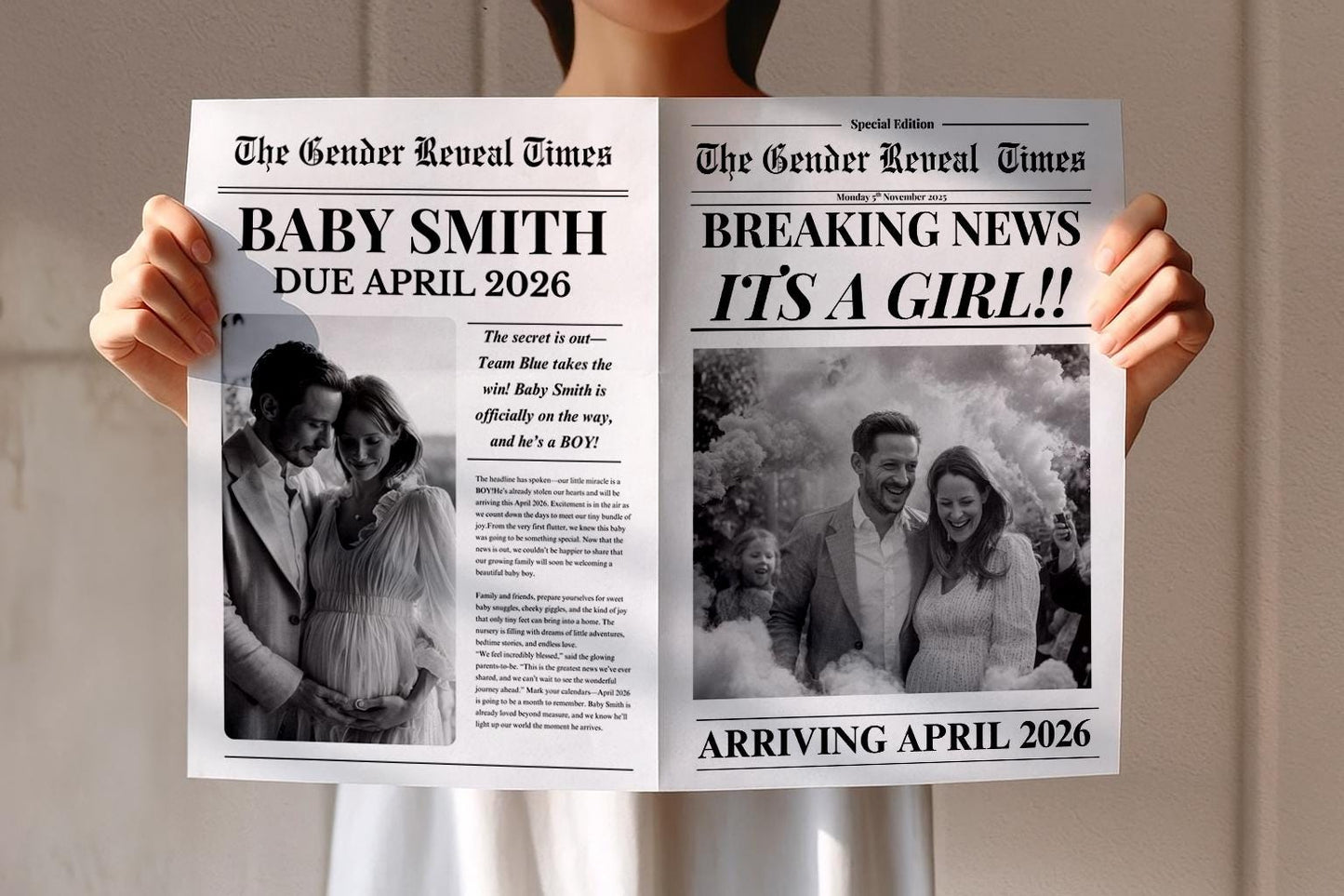 Custom Printed And Shipped Newspaper, Gender Reveal, Baby Announcement Large Newspaper Editable