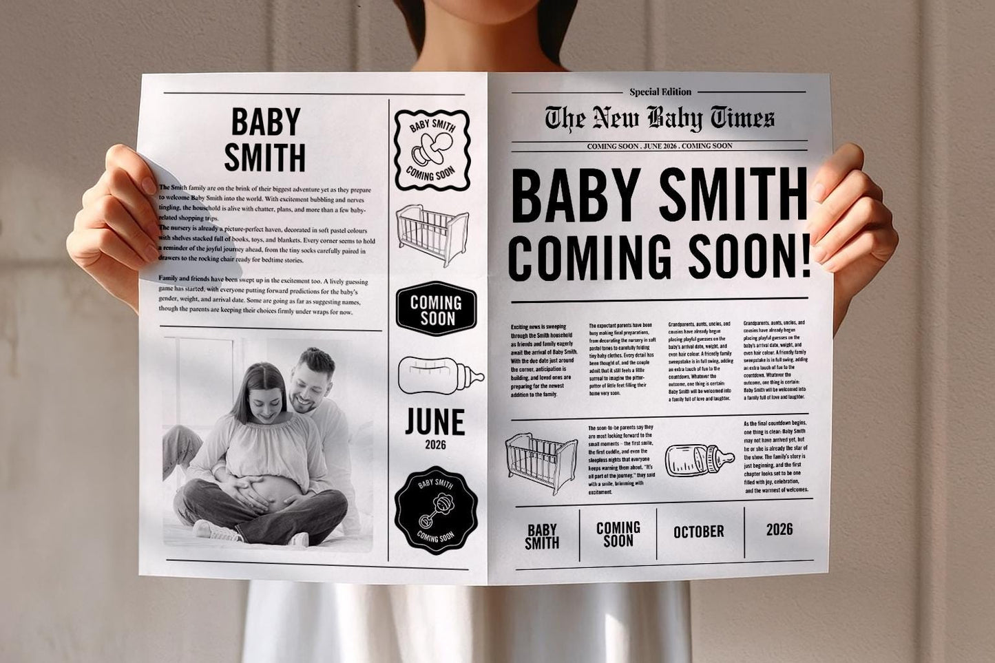 Custom Printed And Shipped Newspaper, Pregnancy Baby Announcement Large Newspaper Editable