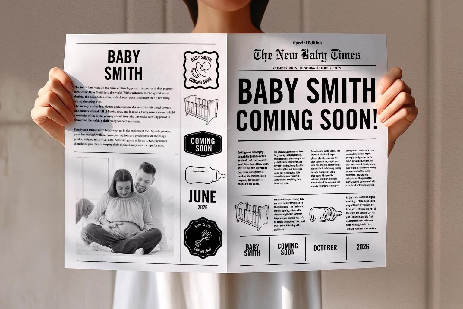 Custom Printed And Shipped Newspaper, Pregnancy Baby Announcement Large Newspaper Editable