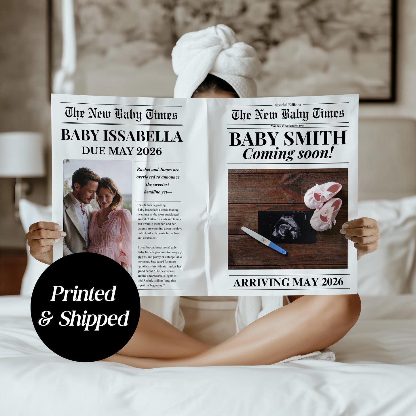 Custom Printed And Shipped Newspaper, Pregnancy Baby Announcement Large Newspaper Editable