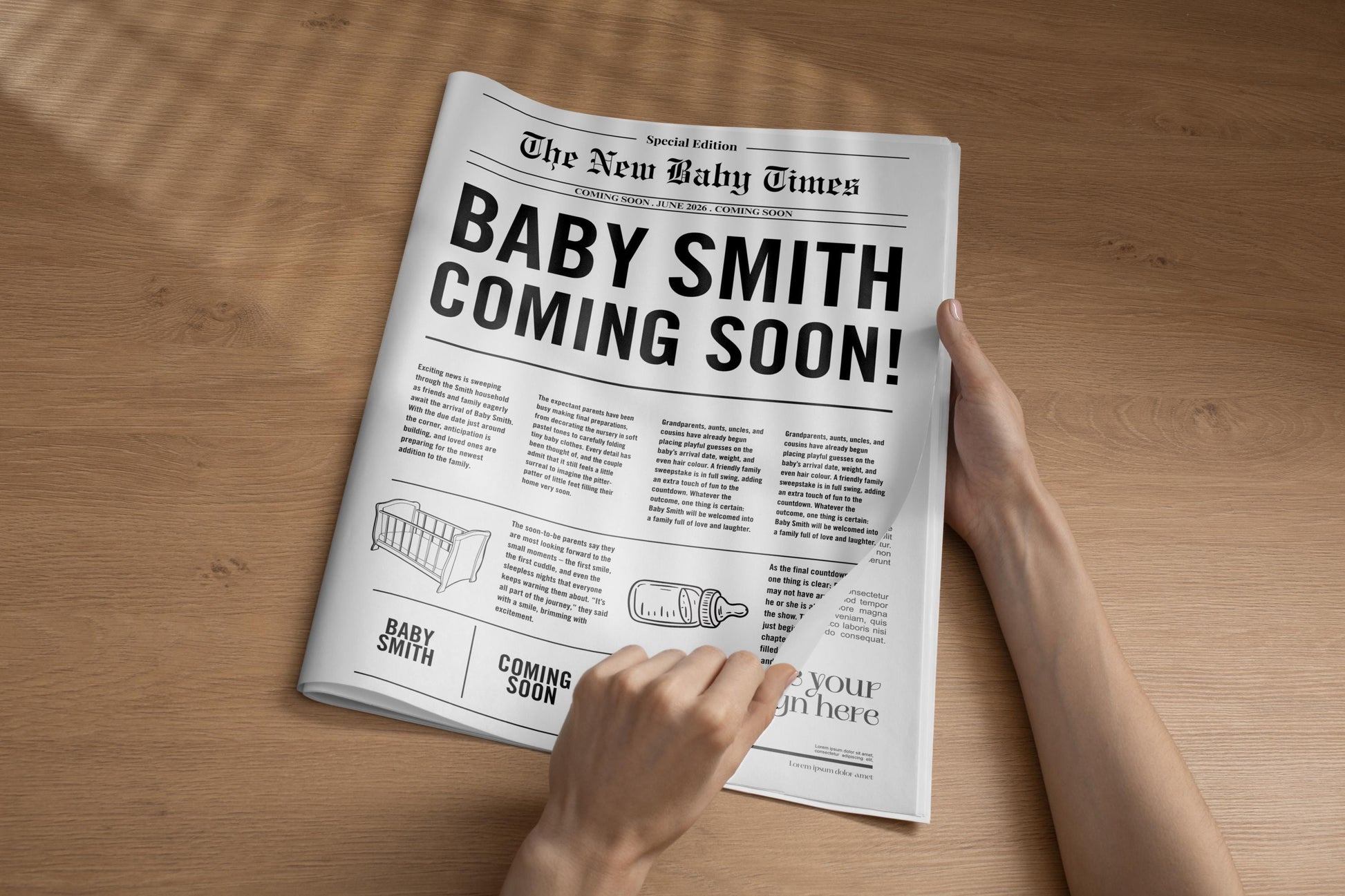 Custom Printed And Shipped Newspaper, Pregnancy Baby Announcement Large Newspaper Editable
