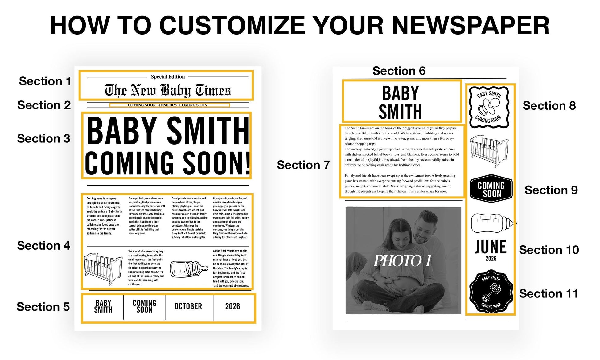 Custom Printed And Shipped Newspaper, Pregnancy Baby Announcement Large Newspaper Editable
