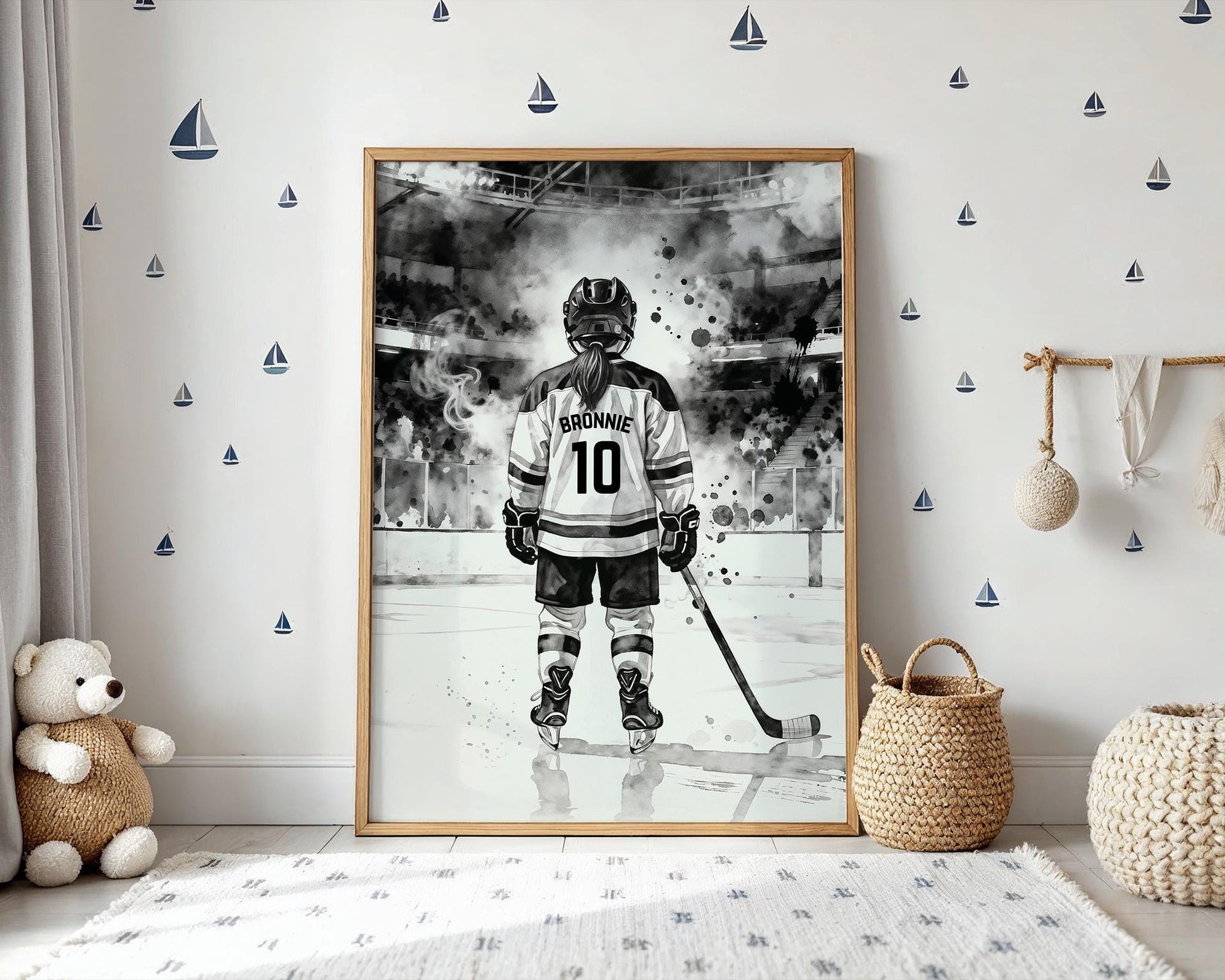 Personalized Hockey Girl Poster, Custom Hockey Art, Girls Bedroom Decor, Digital Download, Hockey Prints