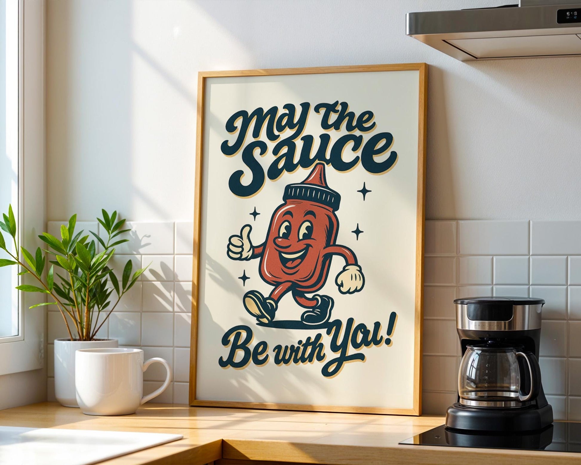 May The Sauce Be With You Retro Kitchen Print | Funny Ketchup Poster | Vintage Wall Art Gift | 50s Style Diner Decor | Food Pun Art