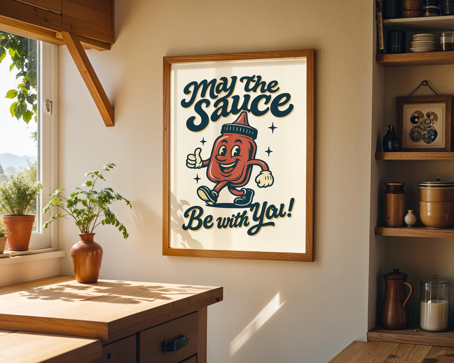 May The Sauce Be With You Retro Kitchen Print | Funny Ketchup Poster | Vintage Wall Art Gift | 50s Style Diner Decor | Food Pun Art