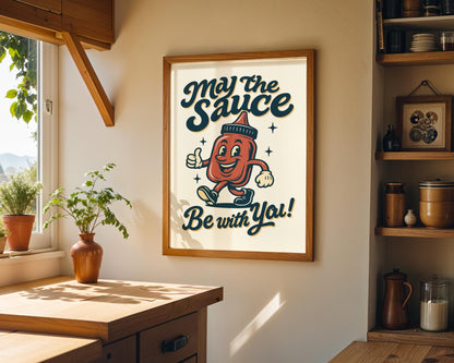 May The Sauce Be With You Retro Kitchen Print | Funny Ketchup Poster | Vintage Wall Art Gift | 50s Style Diner Decor | Food Pun Art