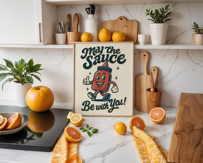 May The Sauce Be With You Retro Kitchen Print | Funny Ketchup Poster | Vintage Wall Art Gift | 50s Style Diner Decor | Food Pun Art