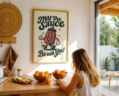 May The Sauce Be With You Retro Kitchen Print | Funny Ketchup Poster | Vintage Wall Art Gift | 50s Style Diner Decor | Food Pun Art