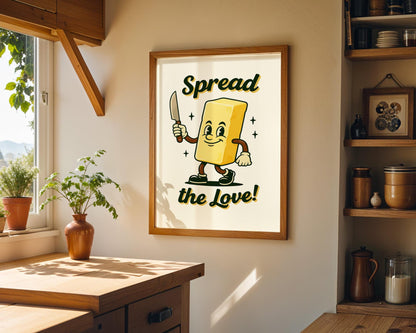 Spread The Love Retro Kitchen Print | Funny Butter Poster | Vintage 50s Food Art | Humorous Wall Decor | Cute Gift for Bakers & Hosts