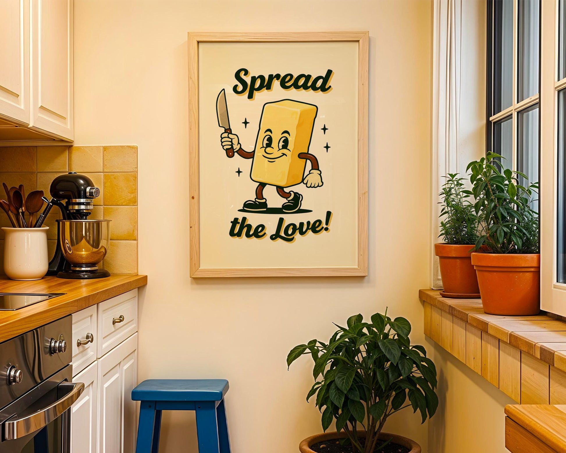 Spread The Love Retro Kitchen Print | Funny Butter Poster | Vintage 50s Food Art | Humorous Wall Decor | Cute Gift for Bakers & Hosts