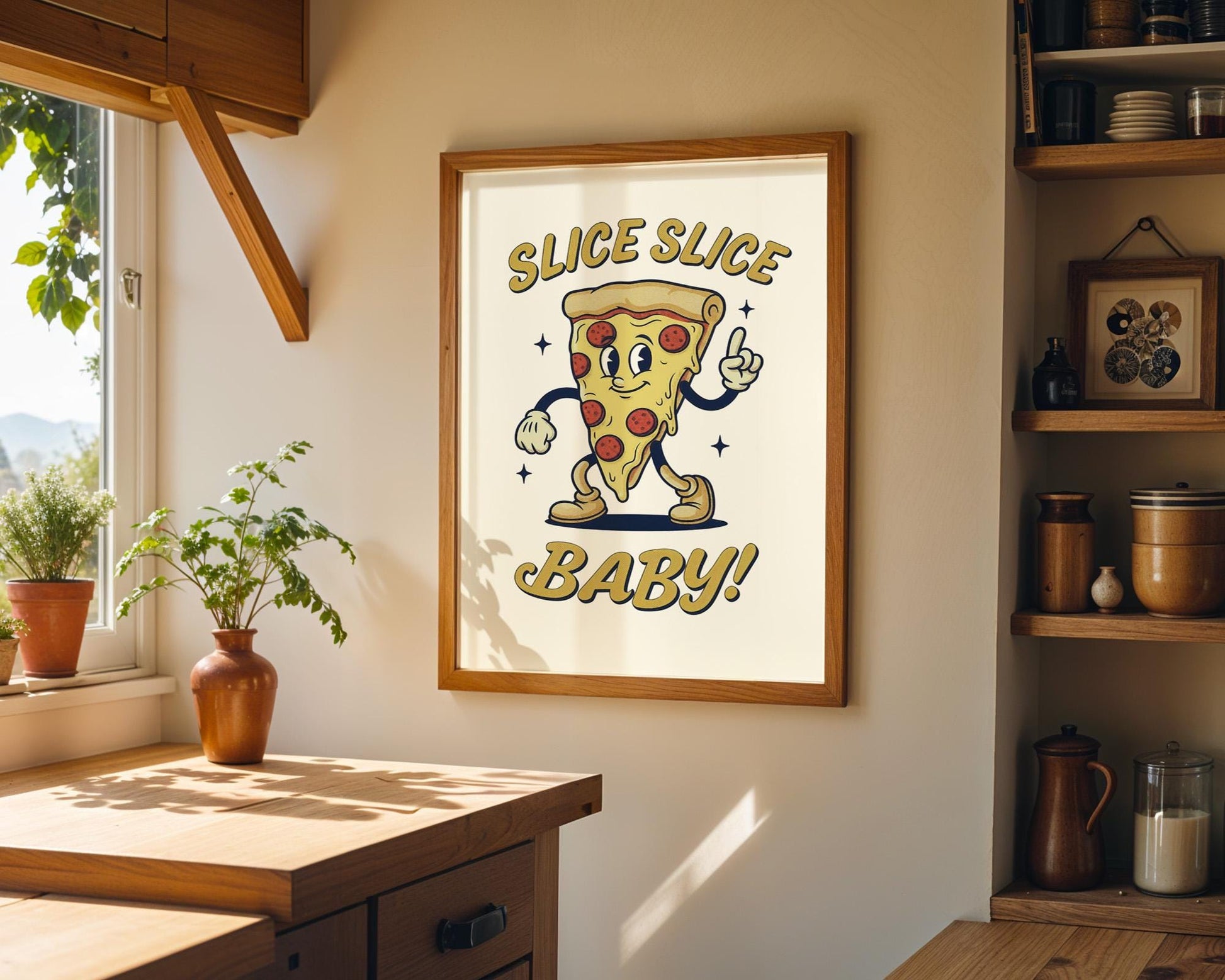 Slice Slice Baby Retro Kitchen Print | Funny Pizza Poster | Vintage 50s Diner Art | Humorous Wall Decor | Gift for Foodies & Pizza Lovers