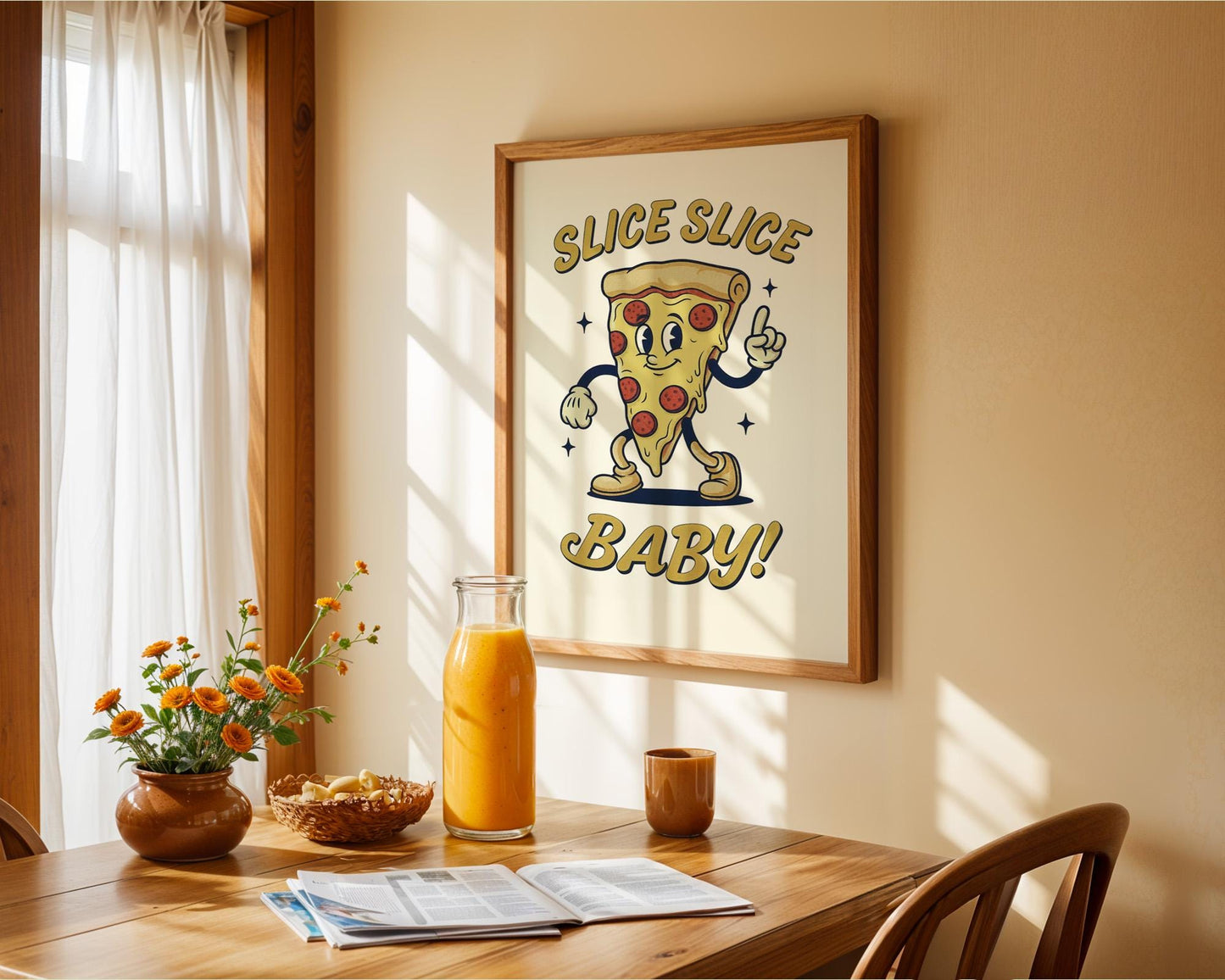 Slice Slice Baby Retro Kitchen Print | Funny Pizza Poster | Vintage 50s Diner Art | Humorous Wall Decor | Gift for Foodies & Pizza Lovers
