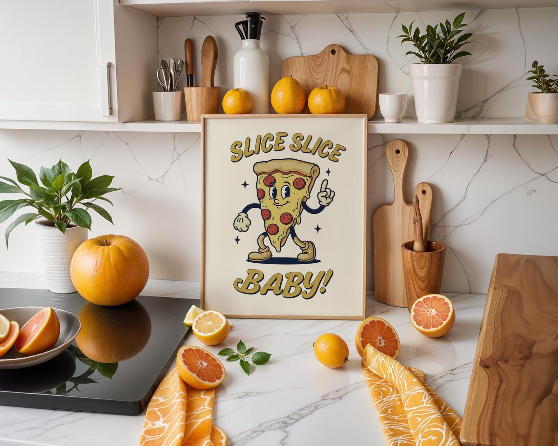 Slice Slice Baby Retro Kitchen Print | Funny Pizza Poster | Vintage 50s Diner Art | Humorous Wall Decor | Gift for Foodies & Pizza Lovers