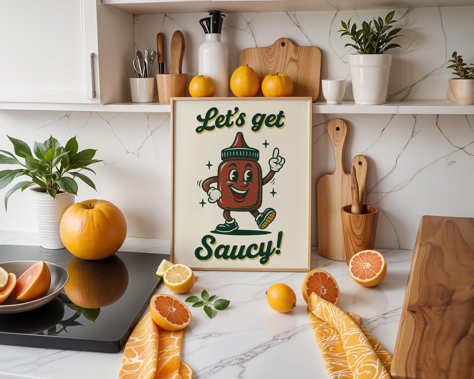 Let’s Get Saucy Retro Kitchen Print | Funny Hot Sauce Poster | Vintage 50s Food Art | BBQ Wall Decor | Humorous Gift for Grill Lovers