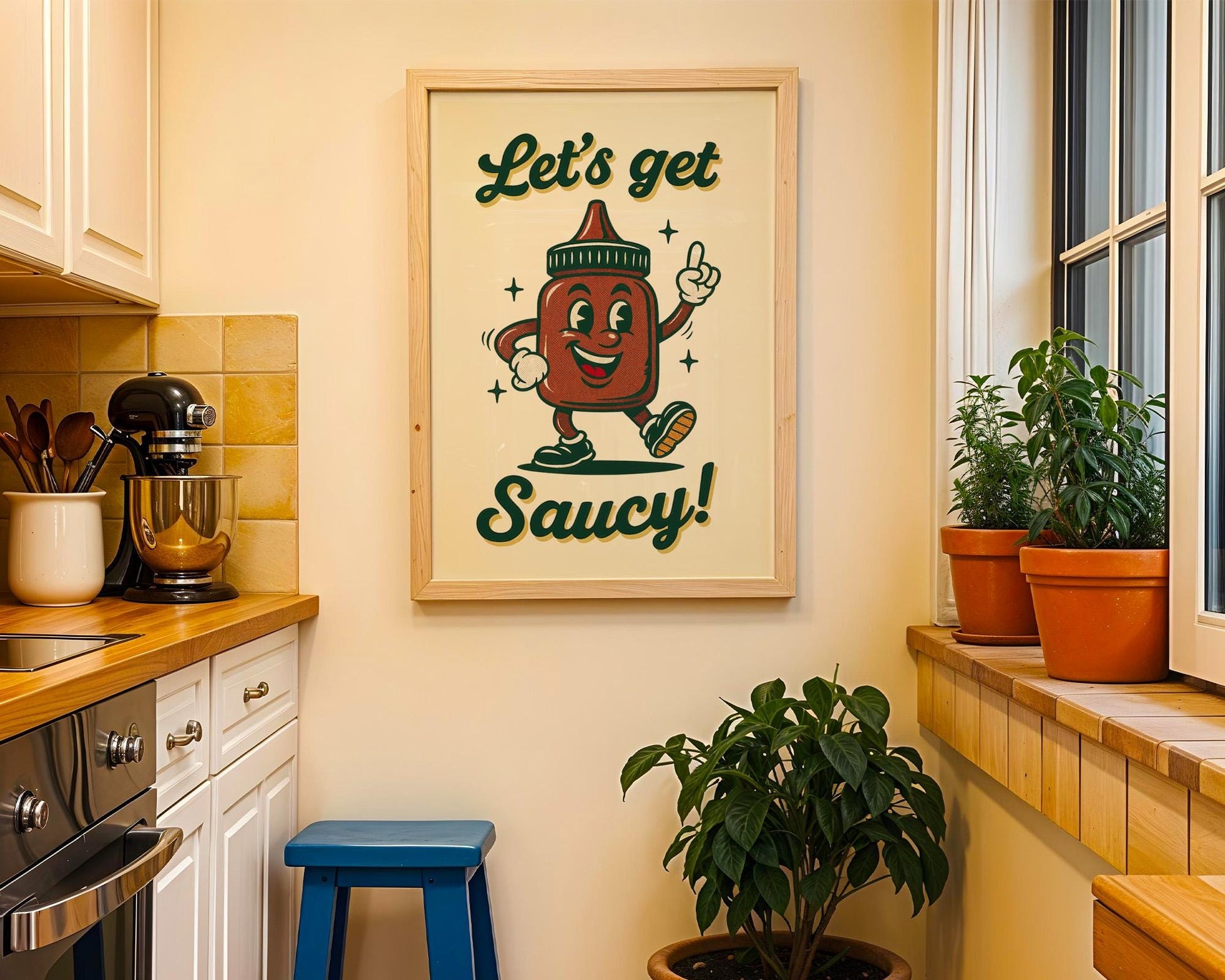 Let’s Get Saucy Retro Kitchen Print | Funny Hot Sauce Poster | Vintage 50s Food Art | BBQ Wall Decor | Humorous Gift for Grill Lovers