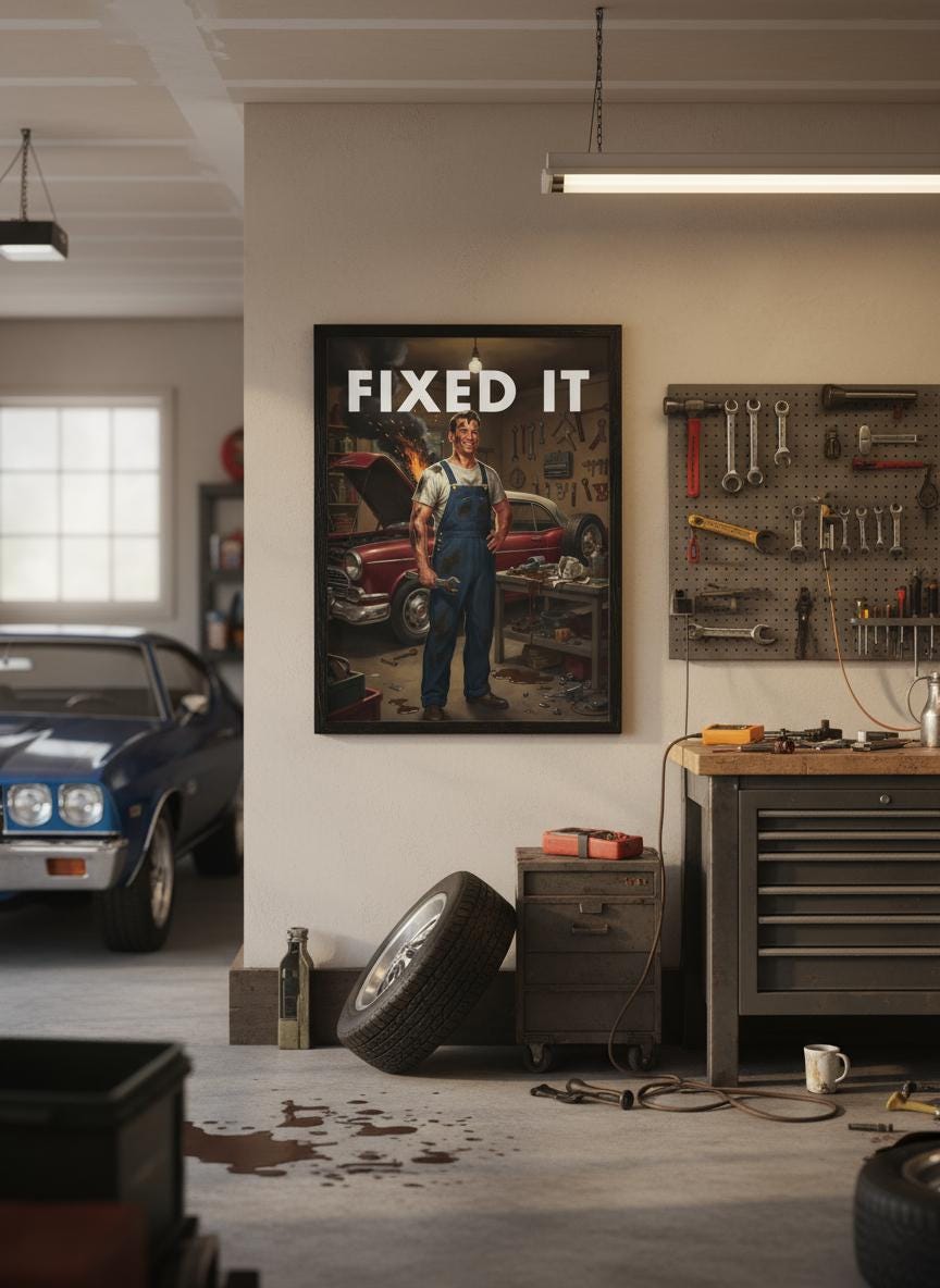 Retro Dad Print, Funny 50s Poster, Vintage Home Art, Humorous Home Decor, Retro Wall Art Gift Ideas, “FIXED IT ” Print, Dad Gift