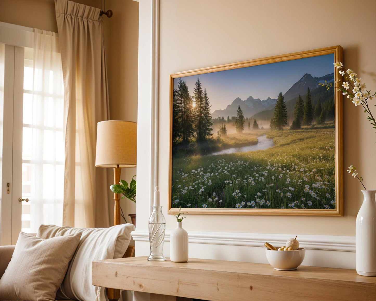 printable wildflowers photography nature landscape large wall art, green nature digital print, nordic forest wall