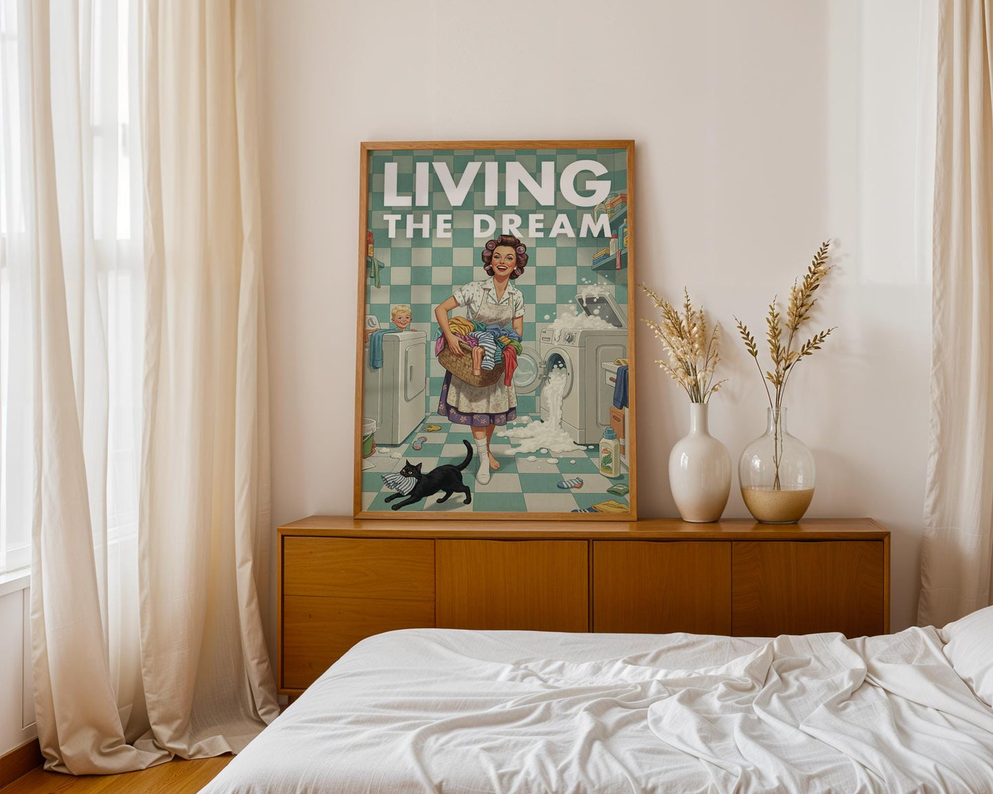 Retro Laundry Print, Funny 50s Poster, Vintage Laundry Art, Humorous Decor, Retro Wall Art Gift Ideas, “Living The Dream” Print