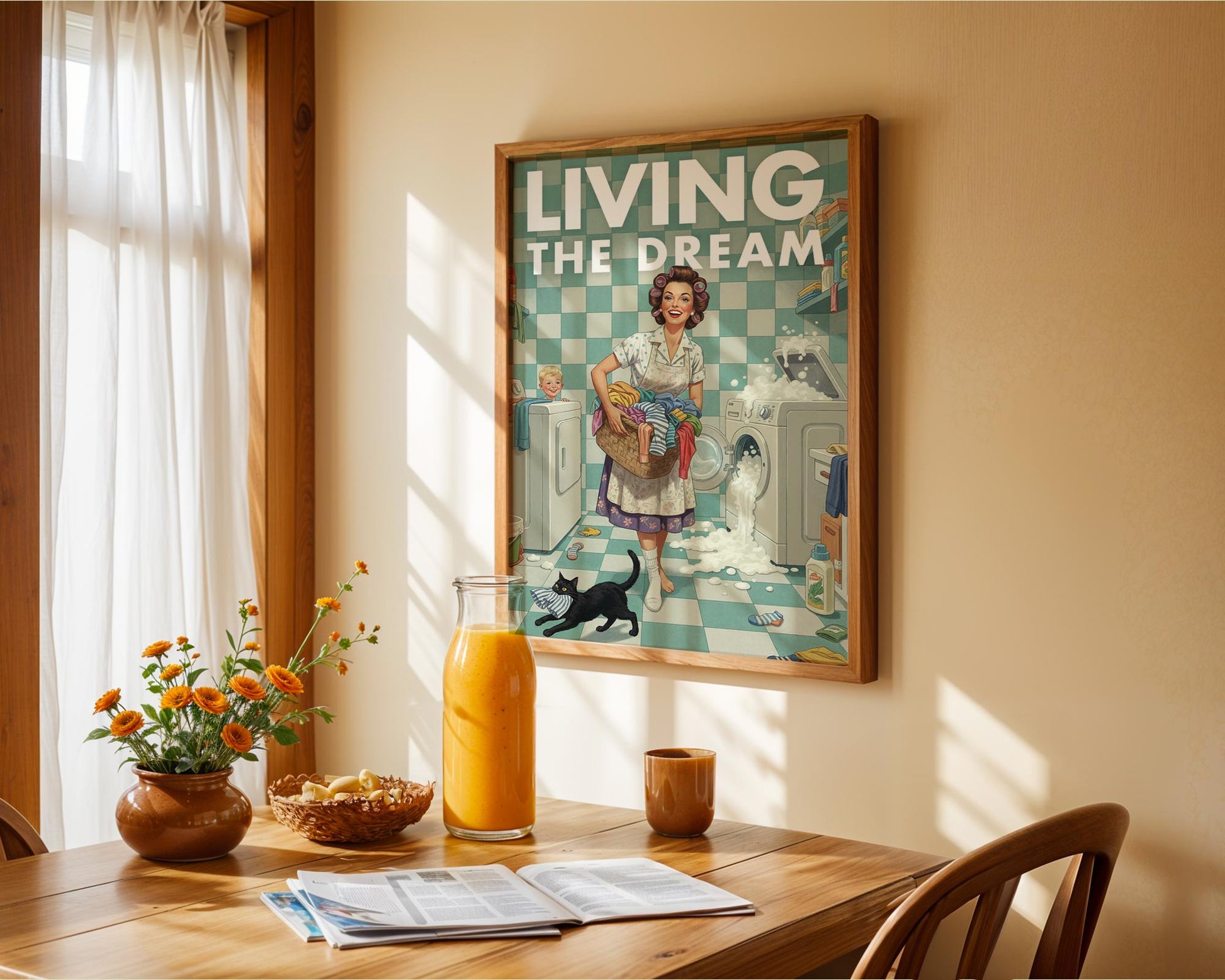 Retro Laundry Print, Funny 50s Poster, Vintage Laundry Art, Humorous Decor, Retro Wall Art Gift Ideas, “Living The Dream” Print