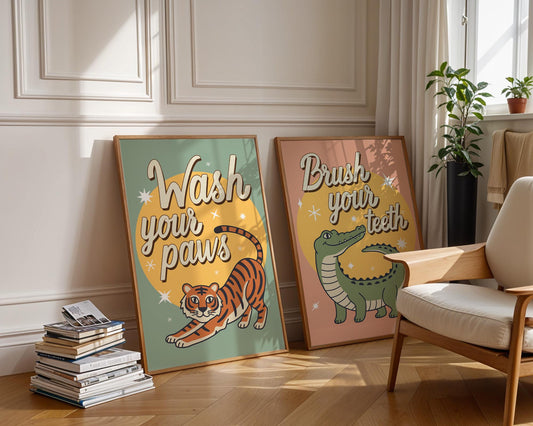 Wash Your Paws Tiger Wall Art, Colorful Bathroom Decor, Funny Animal Print, Quirky Home Wall Art, Digital Download