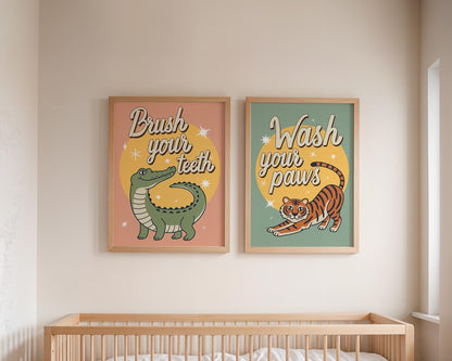 Wash Your Paws Tiger Wall Art, Colorful Bathroom Decor, Funny Animal Print, Quirky Home Wall Art, Printed & Shipped