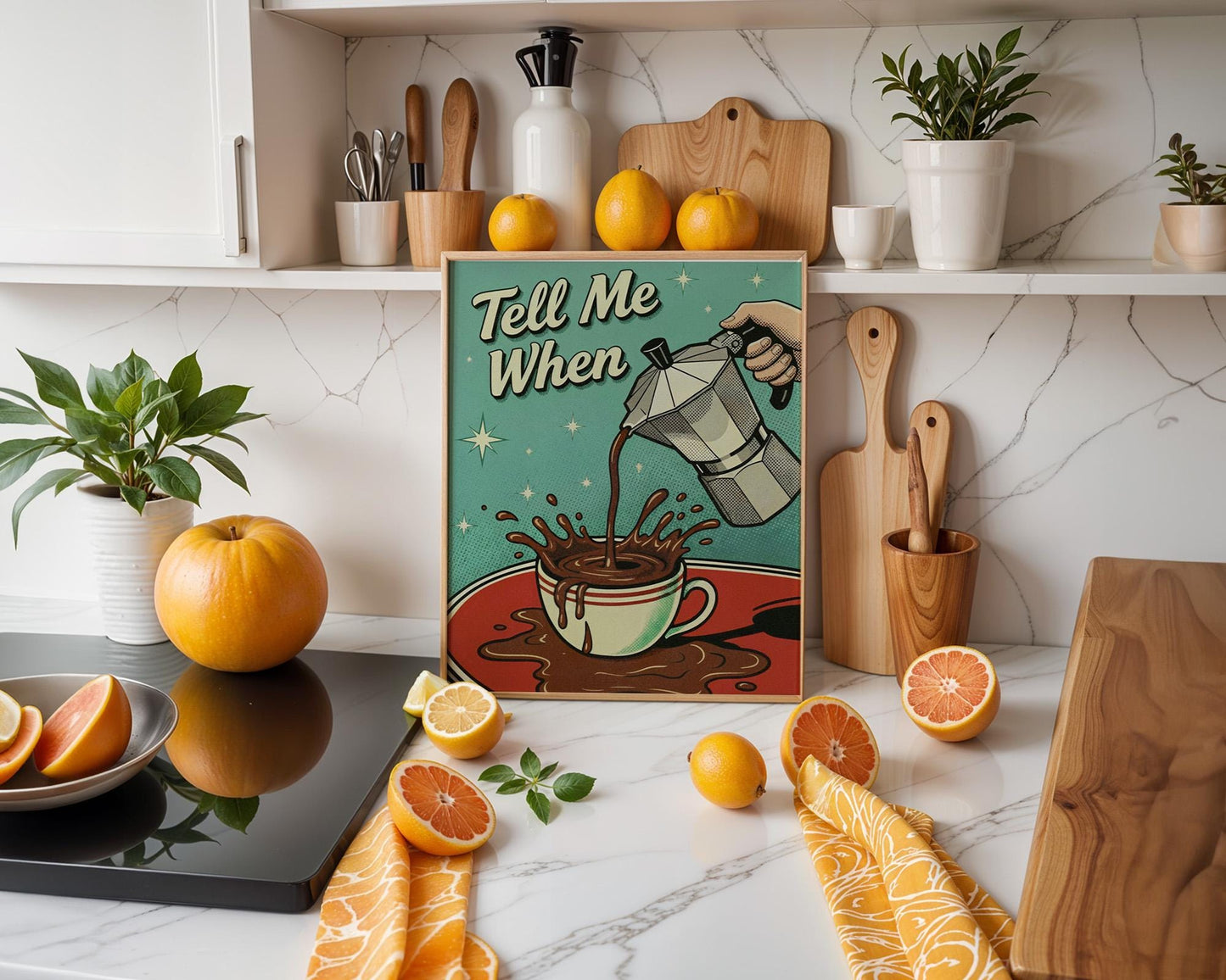 Tell Me When Coffee Print: Retro Kitchen Wall Art, Hand-Drawn Poster, Coffee Lover Gift, Aesthetic Decor, Funny 50s Poster, Vintage Art