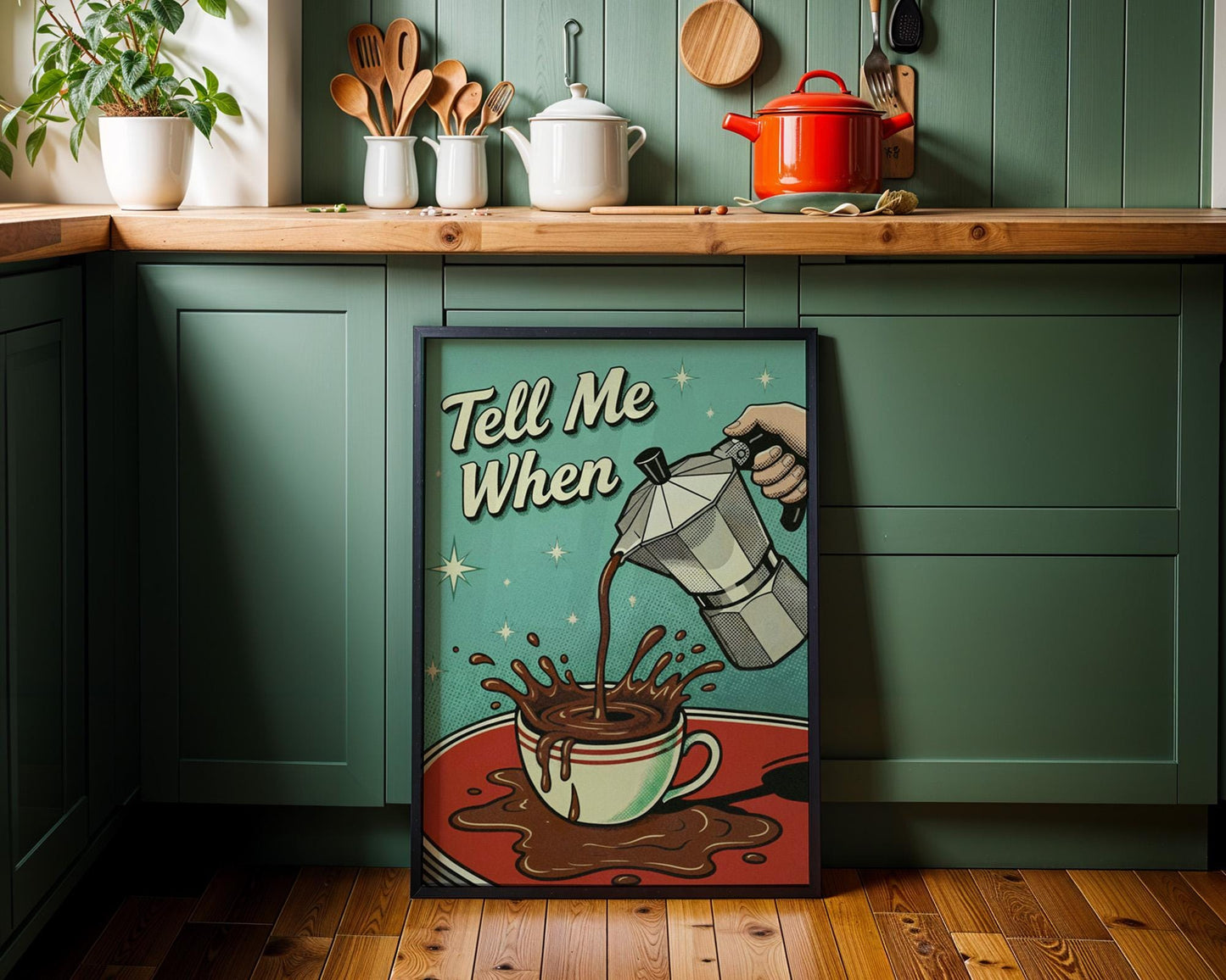Tell Me When Coffee Print: Retro Kitchen Wall Art, Hand-Drawn Poster, Coffee Lover Gift, Aesthetic Decor, Funny 50s Poster, Vintage Art