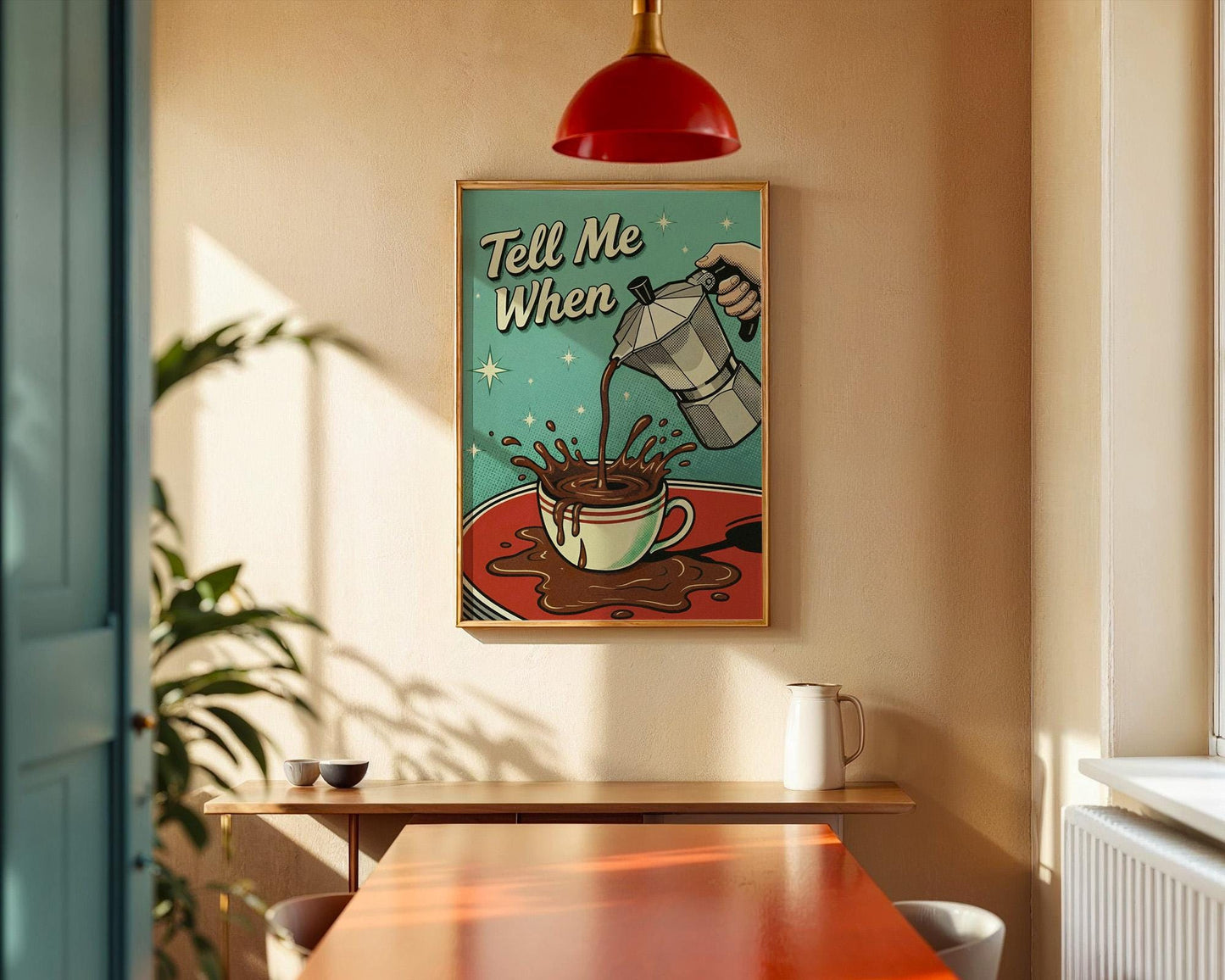 Tell Me When Coffee Print: Retro Kitchen Wall Art, Hand-Drawn Poster, Coffee Lover Gift, Aesthetic Decor, Funny 50s Poster, Vintage Art