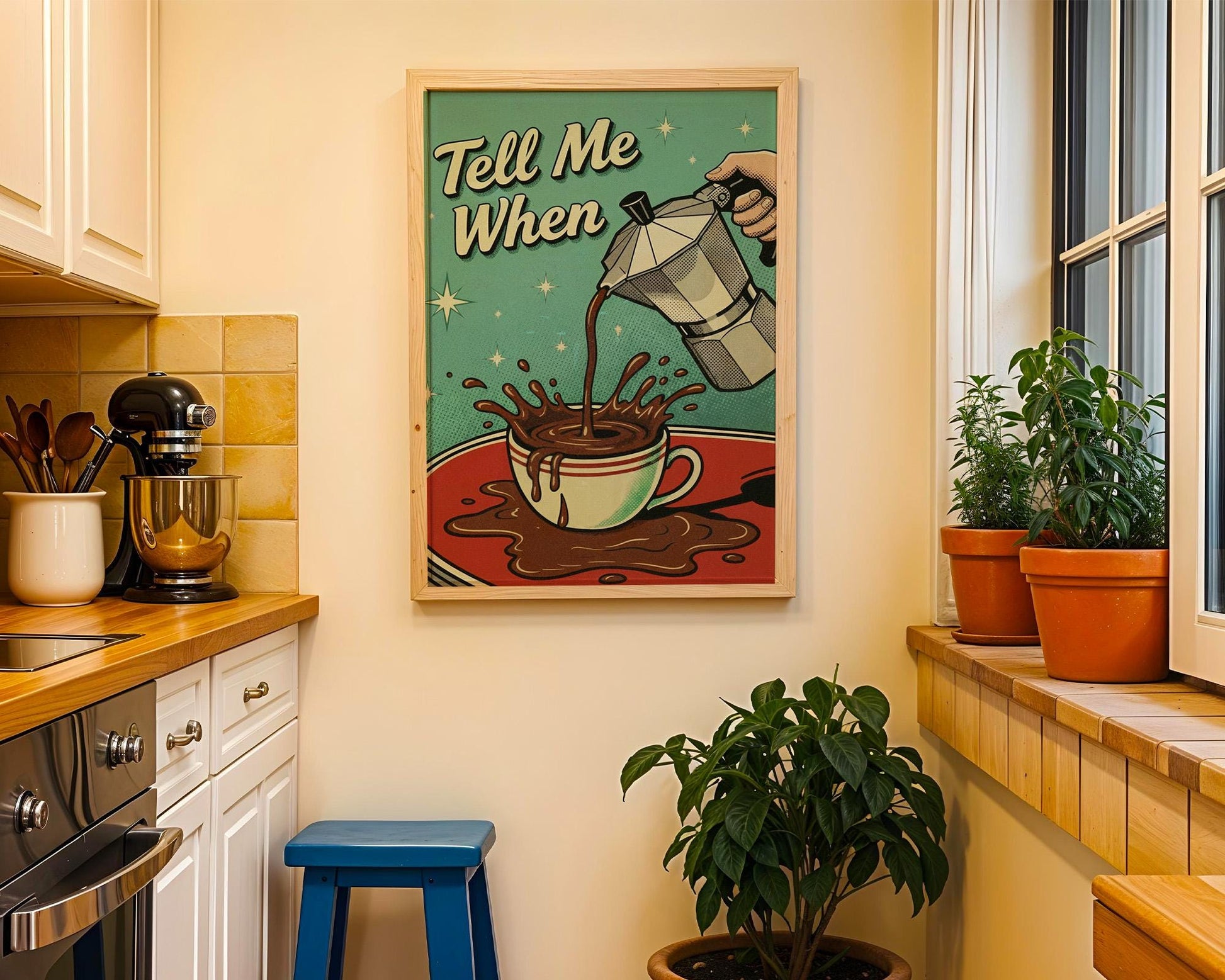 Tell Me When Coffee Print: Retro Kitchen Wall Art, Hand-Drawn Poster, Coffee Lover Gift, Aesthetic Decor, Funny 50s Poster, Vintage Art