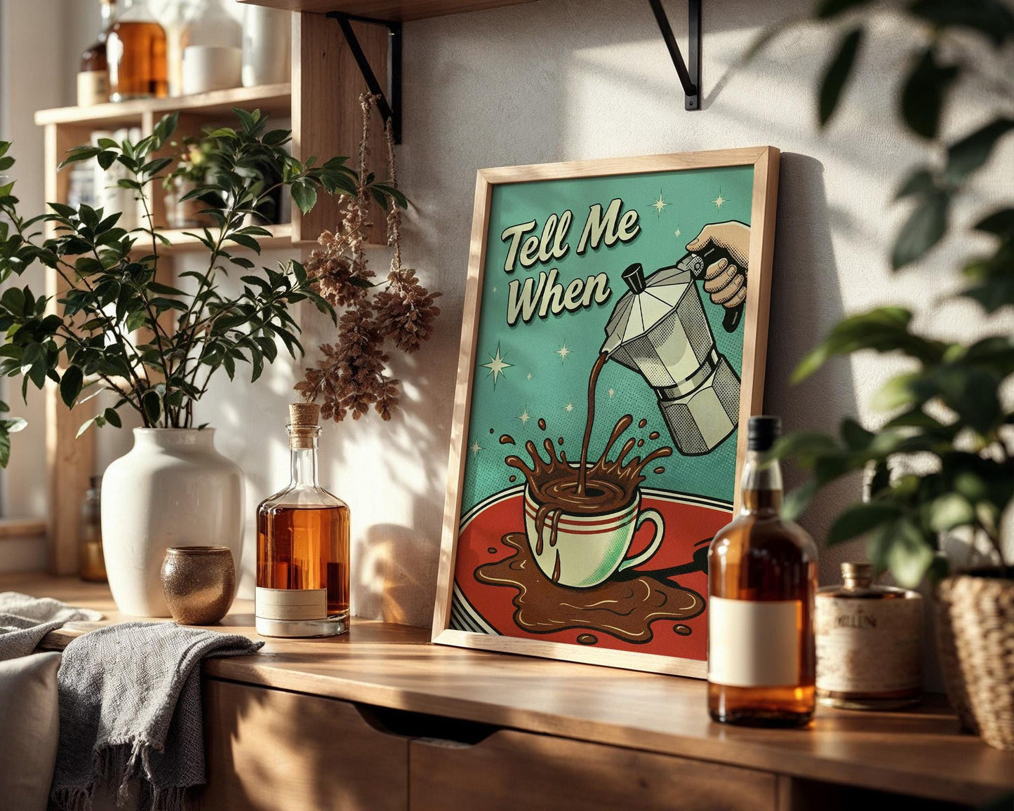 Tell Me When Coffee Print: Retro Kitchen Wall Art, Hand-Drawn Poster, Coffee Lover Gift, Aesthetic Decor, Funny 50s Poster, Vintage Art