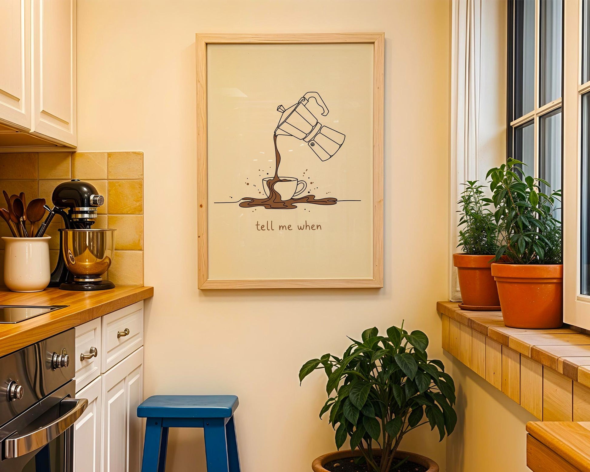 Tell Me When Coffee Print: Retro Kitchen Wall Art, Hand-Drawn Poster, Coffee Lover Gift, Aesthetic Decor, Funny line Poster, Vintage Art