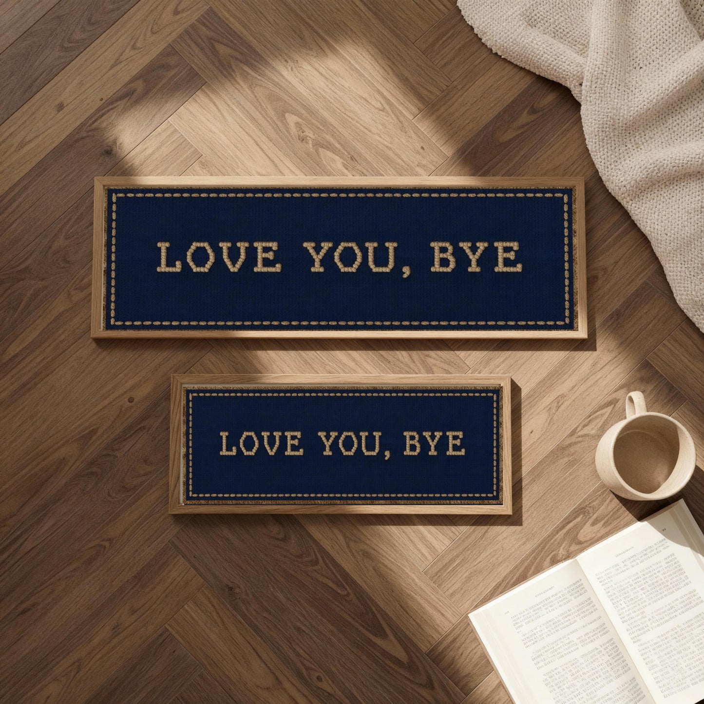 Love You Bye Wall Art Above Door Sign, Hallway Decor, Modern Typography Print, Unique Home Decor Gift, Cross Stitched, Poster