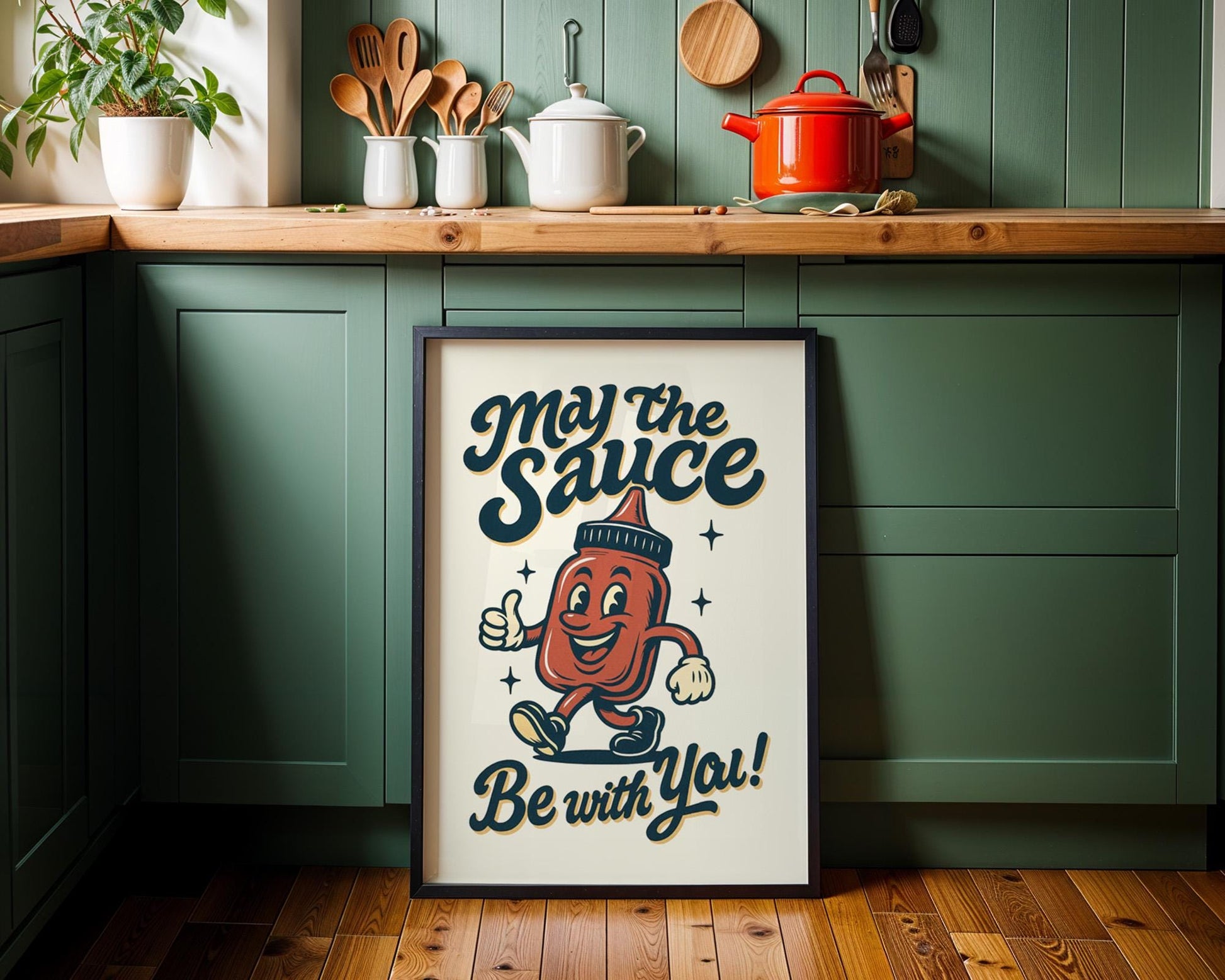 May The Sauce Be With You Retro Kitchen Print | Funny Ketchup Poster | Vintage Wall Art Gift | 50s Style Diner Decor | Food Pun Art