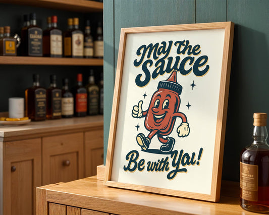 May The Sauce Be With You Retro Kitchen Print | Funny Ketchup Poster | Vintage Wall Art Gift | 50s Style Diner Decor | Food Pun Art
