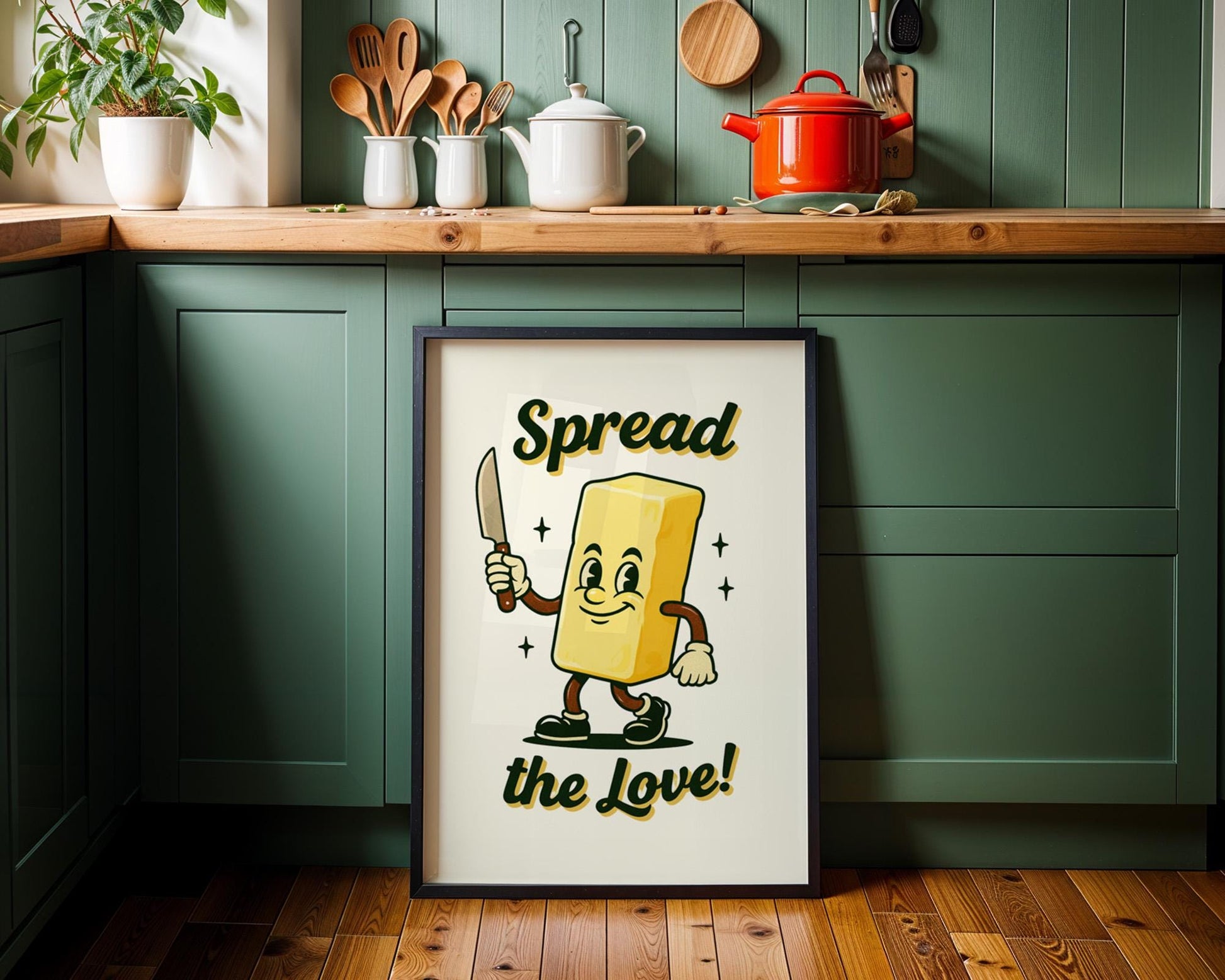 Spread The Love Retro Kitchen Print | Funny Butter Poster | Vintage 50s Food Art | Humorous Wall Decor | Cute Gift for Bakers & Hosts