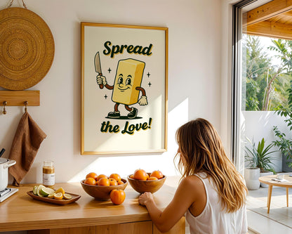 Spread The Love Retro Kitchen Print | Funny Butter Poster | Vintage 50s Food Art | Humorous Wall Decor | Cute Gift for Bakers & Hosts