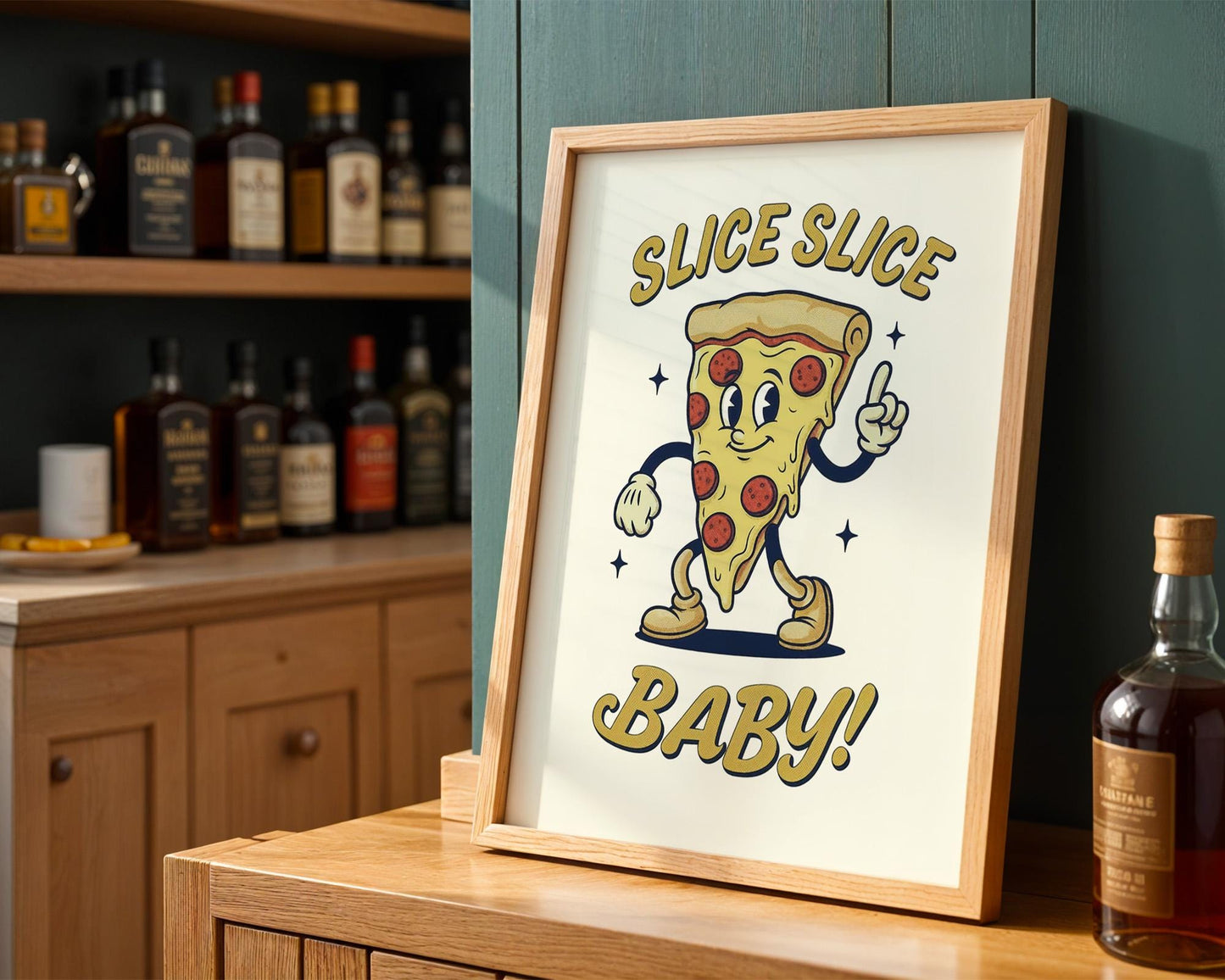 Slice Slice Baby Retro Kitchen Print | Funny Pizza Poster | Vintage 50s Diner Art | Humorous Wall Decor | Gift for Foodies & Pizza Lovers