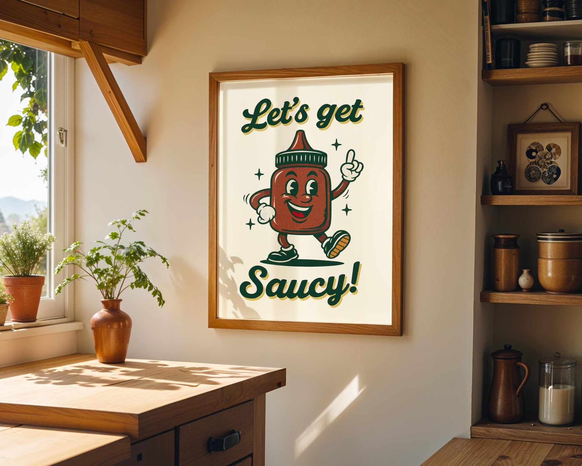 Let’s Get Saucy Retro Kitchen Print | Funny Hot Sauce Poster | Vintage 50s Food Art | BBQ Wall Decor | Humorous Gift for Grill Lovers