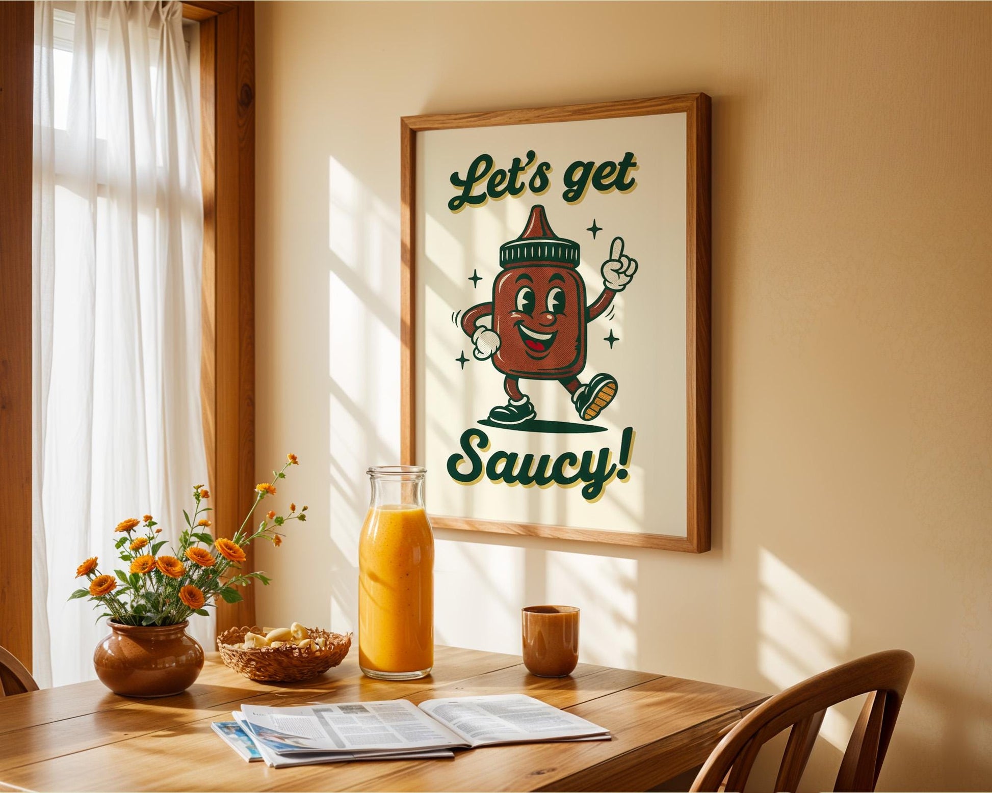 Let’s Get Saucy Retro Kitchen Print | Funny Hot Sauce Poster | Vintage 50s Food Art | BBQ Wall Decor | Humorous Gift for Grill Lovers