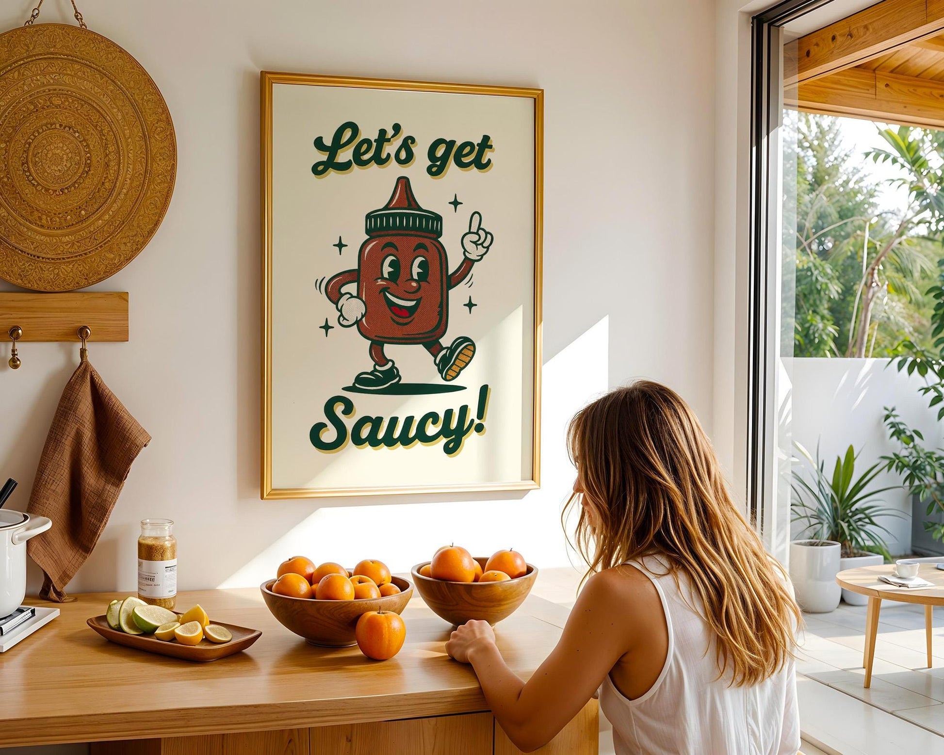 Let’s Get Saucy Retro Kitchen Print | Funny Hot Sauce Poster | Vintage 50s Food Art | BBQ Wall Decor | Humorous Gift for Grill Lovers