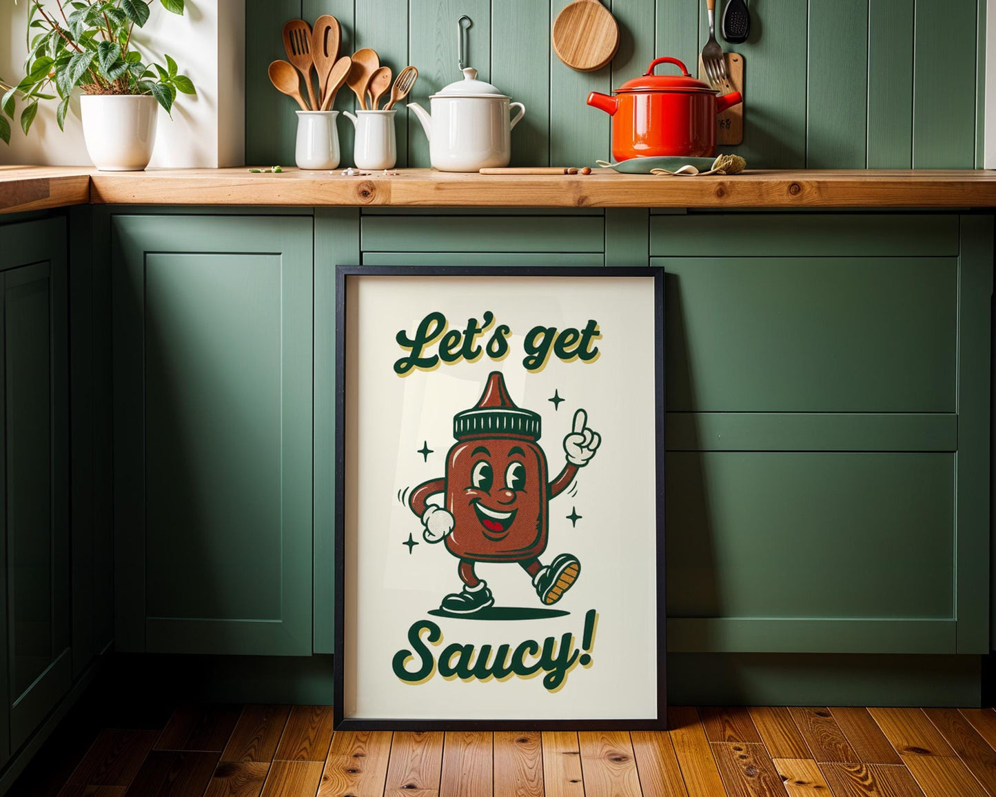 Let’s Get Saucy Retro Kitchen Print | Funny Hot Sauce Poster | Vintage 50s Food Art | BBQ Wall Decor | Humorous Gift for Grill Lovers