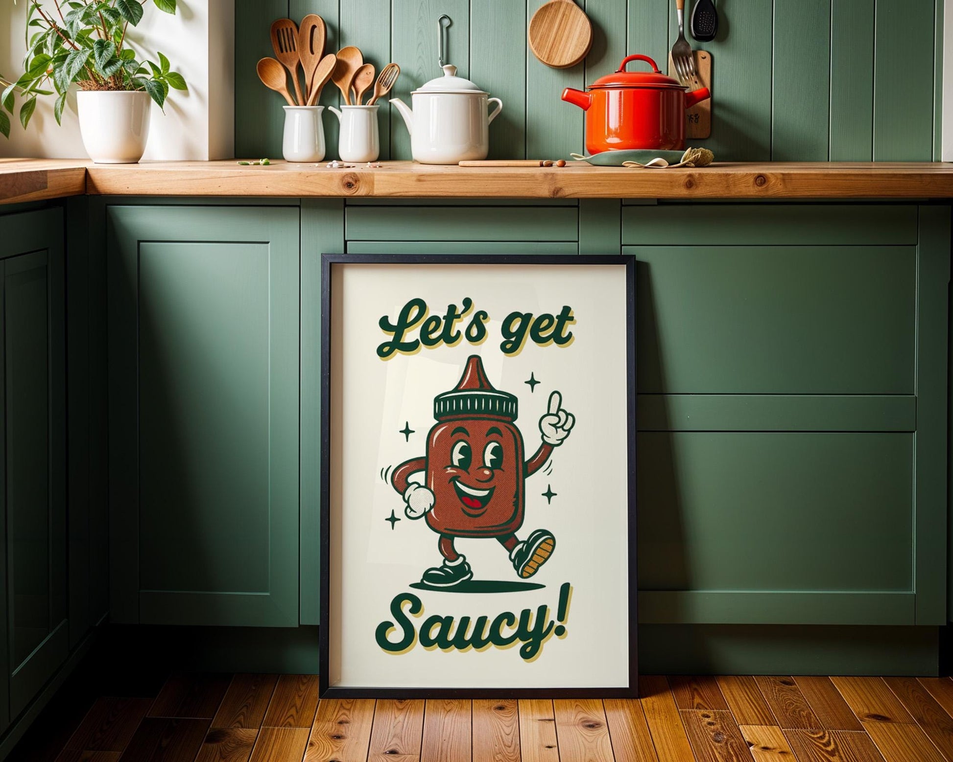 Let’s Get Saucy Retro Kitchen Print | Funny Hot Sauce Poster | Vintage 50s Food Art | BBQ Wall Decor | Humorous Gift for Grill Lovers