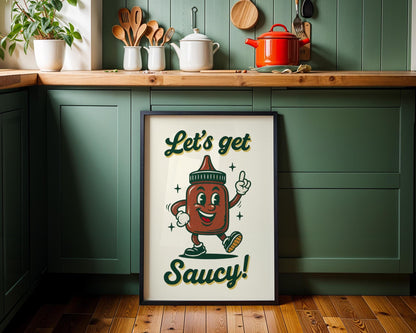 Let’s Get Saucy Retro Kitchen Print | Funny Hot Sauce Poster | Vintage 50s Food Art | BBQ Wall Decor | Humorous Gift for Grill Lovers