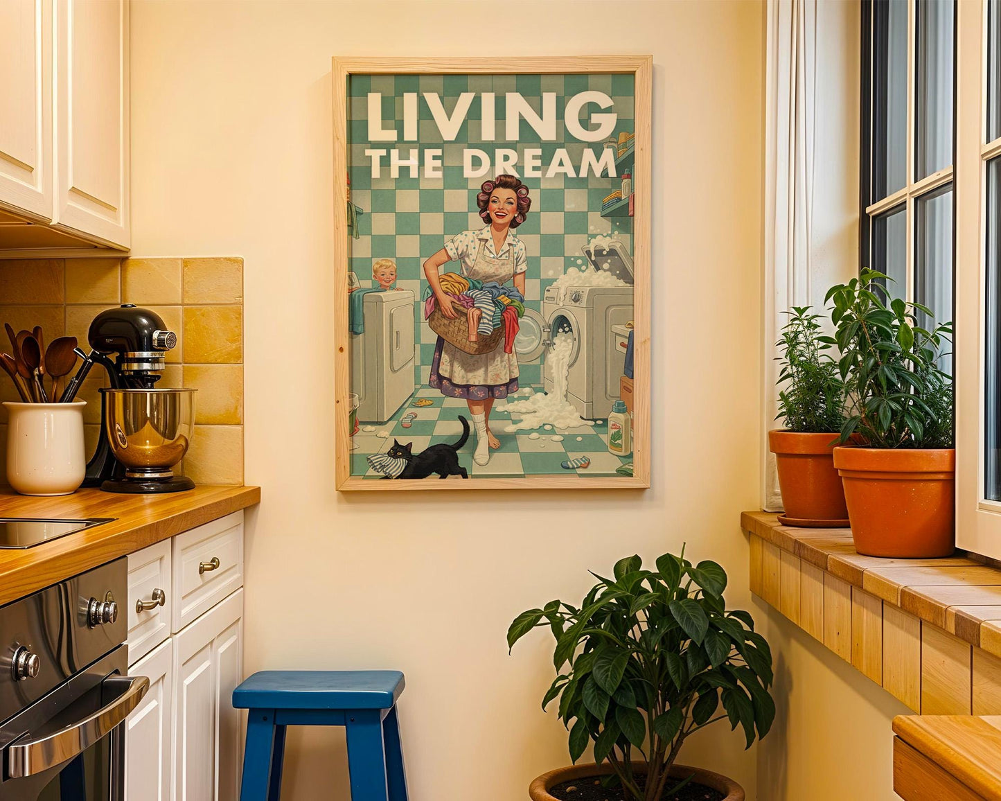 Retro Laundry Print, Funny 50s Poster, Vintage Laundry Art, Humorous Decor, Retro Wall Art Gift Ideas, “Living The Dream” Print