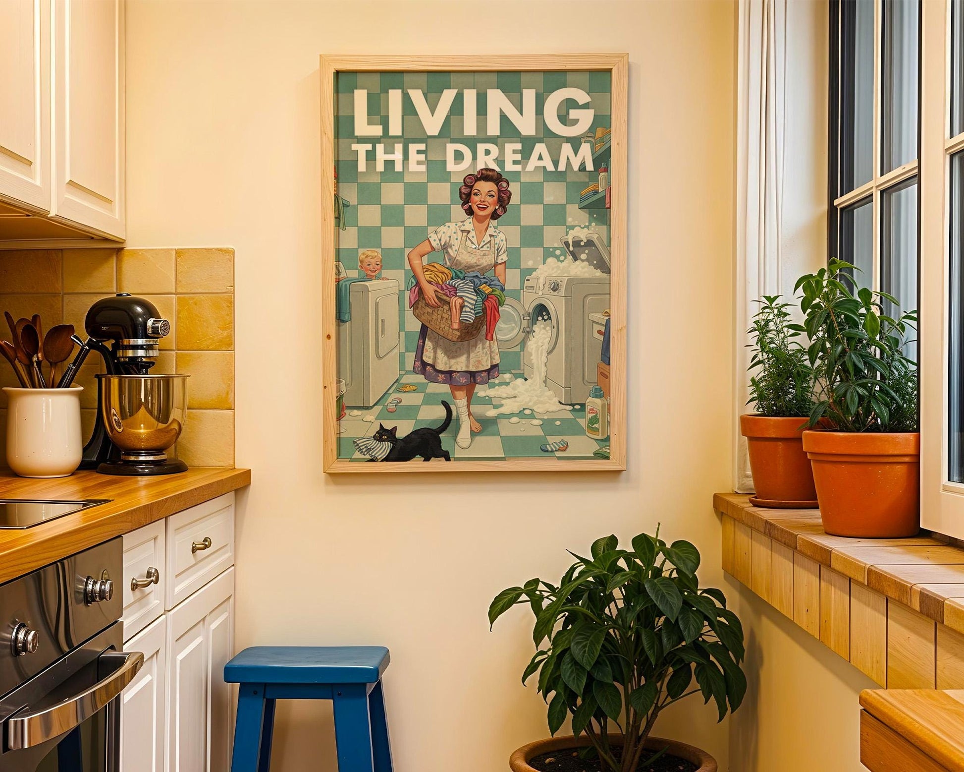 Retro Laundry Print, Funny 50s Poster, Vintage Laundry Art, Humorous Decor, Retro Wall Art Gift Ideas, “Living The Dream” Print