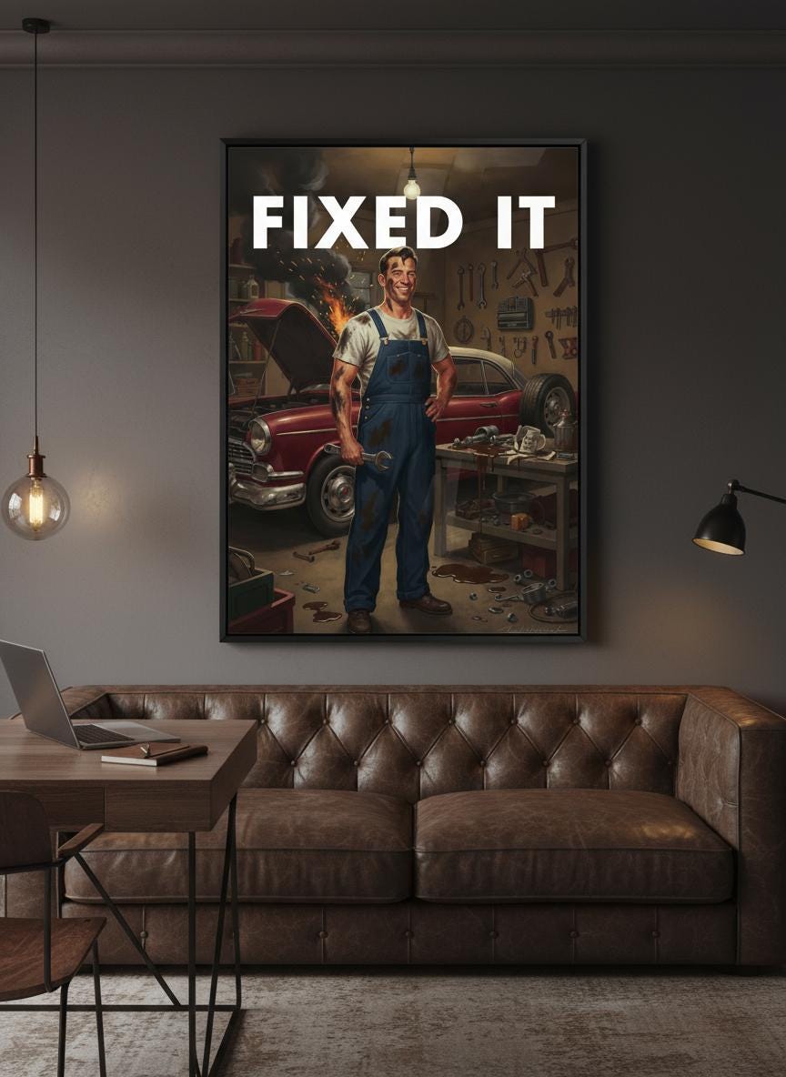 Retro Dad Print, Funny 50s Poster, Vintage Home Art, Humorous Home Decor, Retro Wall Art Gift Ideas, “FIXED IT ” Print, Dad Gift