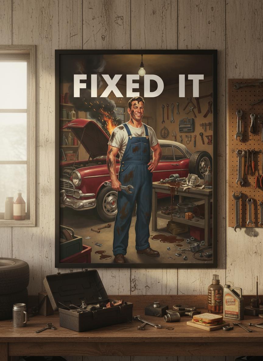 Retro Dad Print, Funny 50s Poster, Vintage Home Art, Humorous Home Decor, Retro Wall Art Gift Ideas, “FIXED IT ” Print, Dad Gift