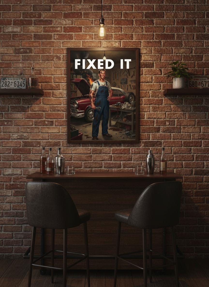 Retro Dad Print, Funny 50s Poster, Vintage Home Art, Humorous Home Decor, Retro Wall Art Gift Ideas, “FIXED IT ” Print, Dad Gift