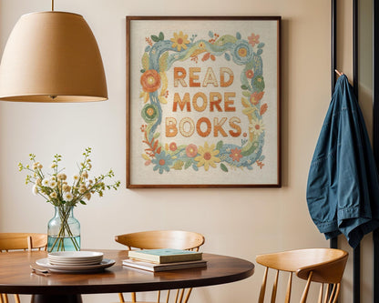 Read More Books Wall Art, Cute Library Print, Bookworm Decor, Colorful Reading Nook Art, Digital Download for Kids